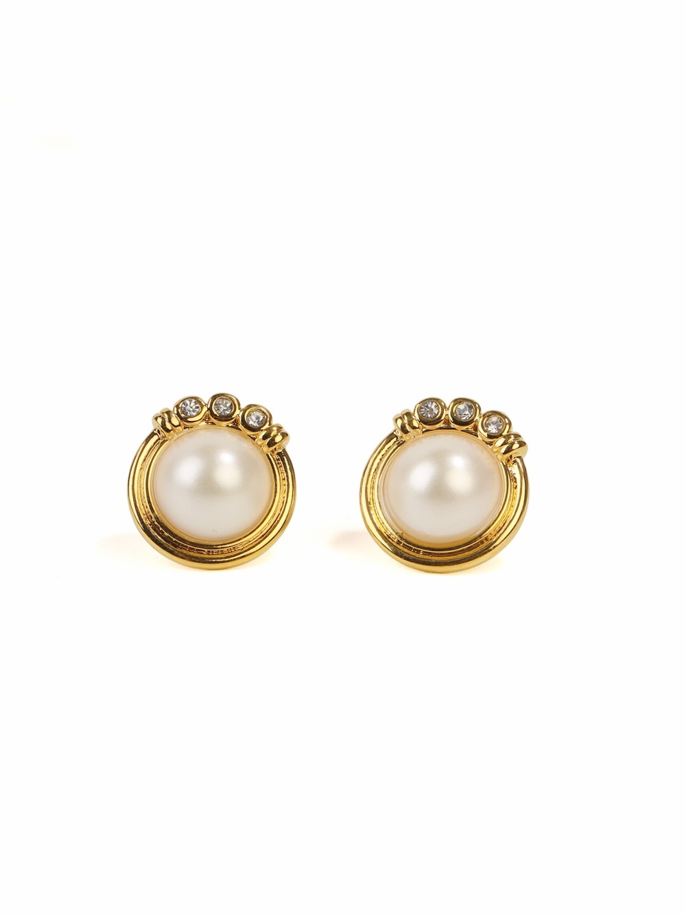 Gold Pearl Frame Stud Earrings with Crystal Accents vintage inspired 925s posts